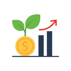 Flat vector of coin with plant and rising bar chart, symbolizing financial growth. Clean, modern style on white background
