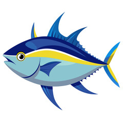 Stylized Cartoon Illustration of a Tuna Fish with Blue and Yellow Coloring Featuring Sharp Fins and a Streamlined Body on a Clean White Background vibrant