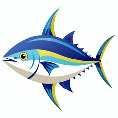 Stylized Cartoon Tuna Fish Illustration with Blue and Yellow Accents Featuring a Sleek Design and Sharp Fins Isolated on a Clean White Background Perfect for