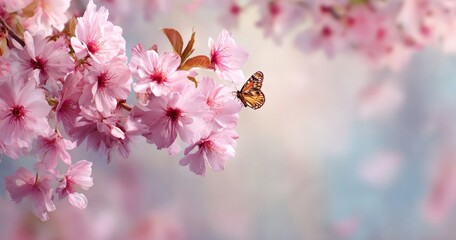 Obraz premium Monarch Butterfly on Delicate Pink Cherry Blossoms in Springtime Garden