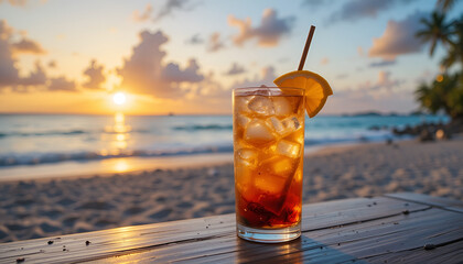 Sunset Long Island Iced Tea: A refreshing Long Island Iced Tea sits on a wooden bar, overlooking a stunning sunset over a tropical beach.