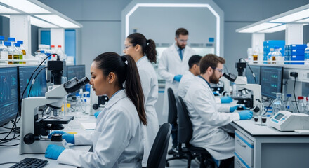 A diverse group of scientists in white lab coats working on experiments and data analysis in a modern laboratory.