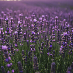 Fototapeta premium Close-up view of a field filled with vibrant purple lavender flowers in bloom, a beautiful nature scene for relaxation and aromatherapy. 