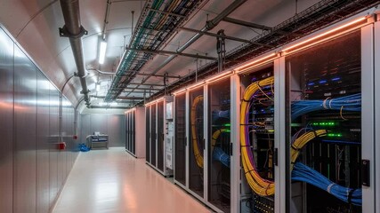 Network cables hanging in a server room data center, illuminated by warm orange lights, surrounded by sleek metal walls and flooring, creating a high tech atmosphere for digital communication