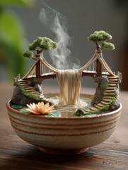Artistic miniature bridge with steam and floating trees in decorative bowl, serene indoor setting