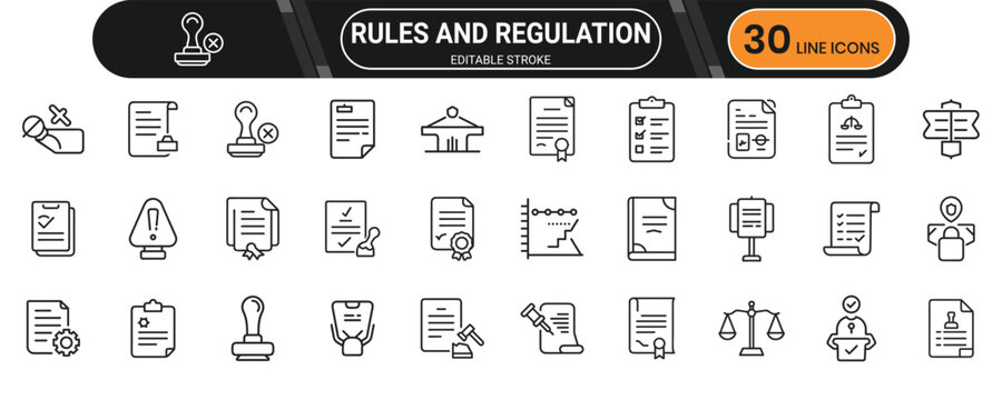 Legal and policy regulation icons in line format including compliance, control, terms, and audit visual elements for law templates