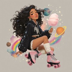 Teenage Girl with Roller Skates in a Cosmic Space Setting Surrounded by Planets, Rainbows, and Sparkles