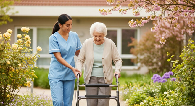 A smiling nurse helping an elderly woman with a walker in a beautiful garden during the day.