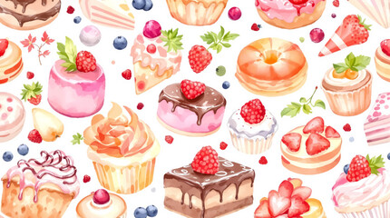 Watercolor Sweet desserts pattern on white background