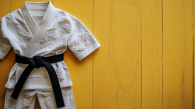 Karate gi with black belt on yellow wooden floor.