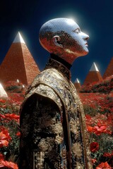 Futuristic humanoid robot with geometric head in surreal landscape with pyramids and flowers