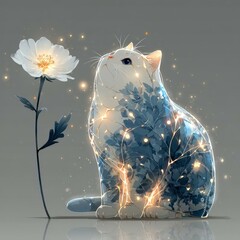 Artistic digital illustration of a cat with glowing foliage and a flower, fantasy style with sparkles and light effects