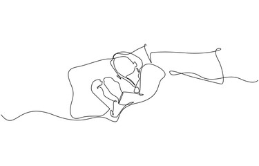 Continuous single line sketch drawing of woman sleeping on pillow bed one line lifestyle vector, Female character is napping in bed. Continuous line drawing editable outline.