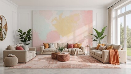 Spacious living room with colorful background