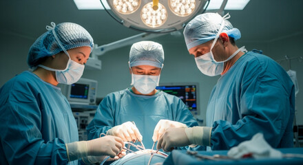 Close-up of focused surgeons collaborating in an operating theater with advanced medical equipment.