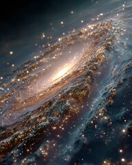 Close-up of a swirling galaxy with bright stars and cosmic dust, depicting the universe's beauty and vastness