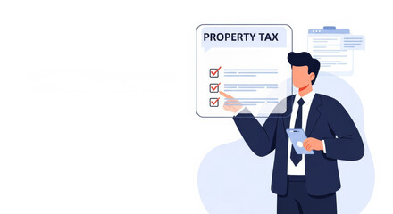 Businessman managing property tax forms and financial record using digital tools, with virtual checklists and housing-related data for real estate planning and income documentation.