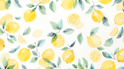 Lemon seamless border fruit illustration, cute citrus watercolor digital file on a white background close up	