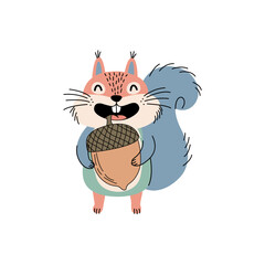 Cheerful cartoon squirrel happily holding an acorn with a smile
