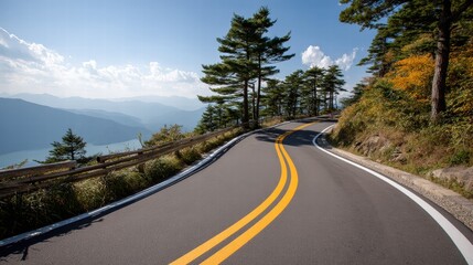 Fototapeta premium Scenic highway winding through lush green landscapes with a prominent yellow line guiding the journey ahead