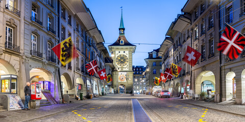 Bern old town with Zytglogge tower by night panorama in Switzerland