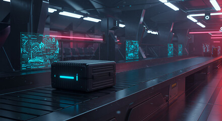 Obraz premium Futuristic tech facility; sleek, dark metallic box rests on a conveyor belt, monitored by glowing screens displaying technical data.