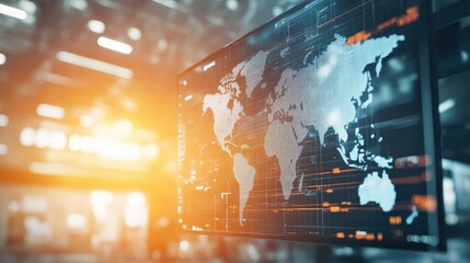Futuristic Digital World Map Display in Modern Tech Environment Highlighting Global Connectivity and Data Analysis for Innovative Business Solutions