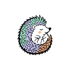 Cute cartoon hedgehog curled up in a colorful design illustration