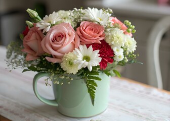 Beautiful bouquet of pink roses white daisies and red chrysanthemums in a green mug