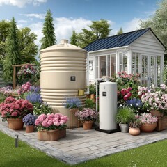 A serene garden scene featuring a rainwater harvesting system among lush greenery and vibrant flowering plants
