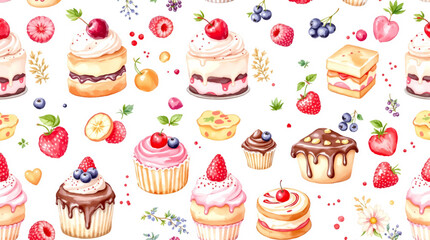 Watercolor Sweet desserts pattern on white background