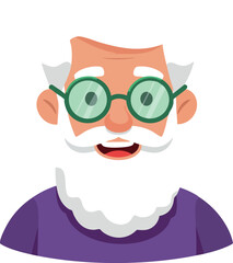 Elderly man with white beard and round glasses smiling in purple shirt vector avatar design