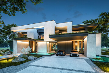 Obraz premium 3d rendering of two-story house with parking and pool for sale or rent with concrete facade and beautiful landscaping. Clear summer night with many stars on the sky
