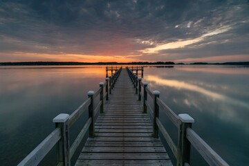 Obraz premium Wooden Pier Over Serene Lake Reflecting a Vibrant Sunset and Dramatic Sky