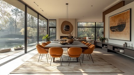 Contemporary dining room featuring a sleek rectangular table surrounded by stylish upholstered chairs large windows letting in natural light and modern artwork adorning the walls for a chic vibe