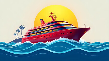 3D clipart of a luxury cruise ship sailing on stylized waves, shiny metallic hull and deck.
