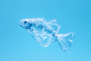 Plastic Fish in Blue Water, Oceanic Waste Representation in Transparent Polythene Form, Environmental Statement with Translucent Shape, Floating Pollution Concept, Ecological Awareness Symbol