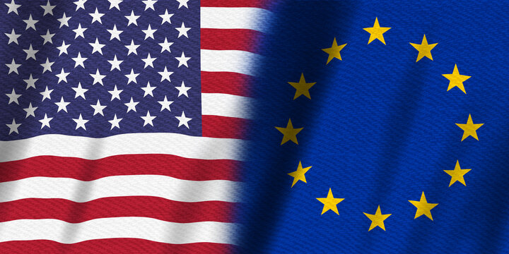 USA flag stars and stripes and EU European Union flag background - Powered by Adobe
