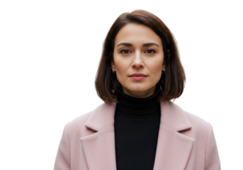 Portrait of a young woman wearing a pink coat and black turtleneck isolated on transparent background