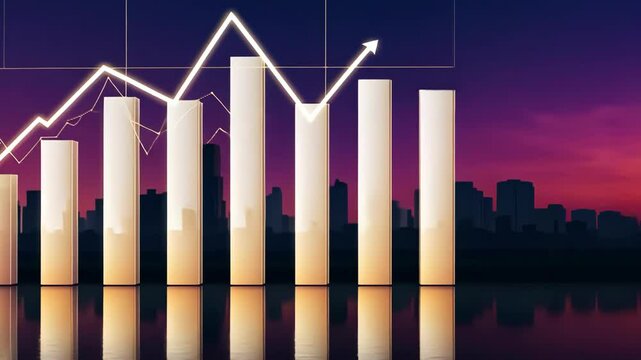 Rising bar graph with arrow over city skyline, indicating financial growth, business, and successful investment strategy. - Powered by Adobe