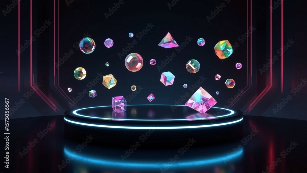 Fototapete futuristic empty podium with glowing edges, surrounded by floating colorful holograms, dark backgrou