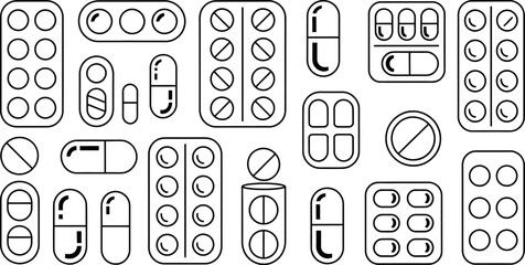 Vector illustration:  Simple line art medication pills and blister packs.