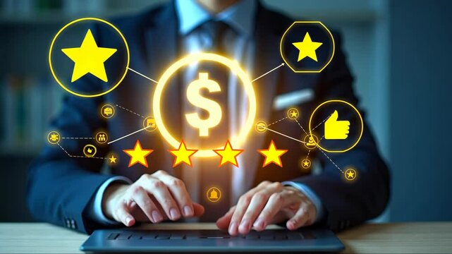 A person in a business suit working on a laptop with virtual icons related to performance rating, displaying star ratings of software application and personnel productivity level.
