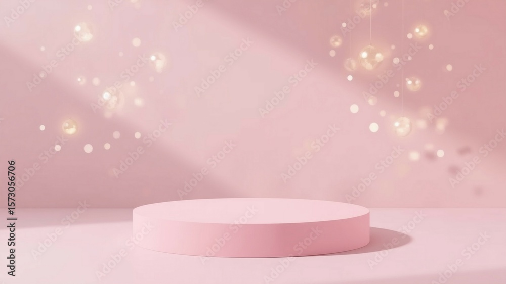 Fototapete pastel-colored podium in front of a soft, dreamy background with floating bokeh lights, minimalistic