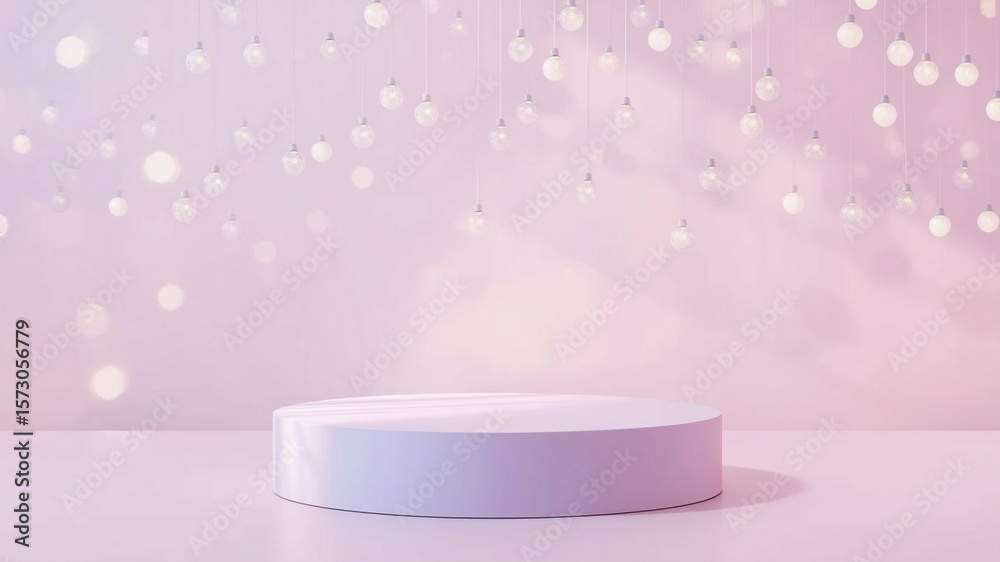 Fototapete pastel-colored podium in front of a soft, dreamy background with floating bokeh lights, minimalistic