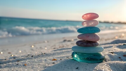 Stacked colorful sea glass stones balanced on a sandy beach with ocean waves