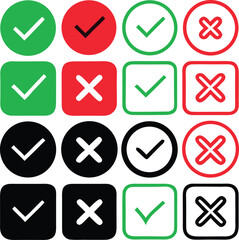Green checkmarks and red crosses in circles and squares vector