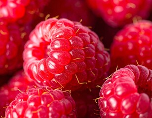 The image showcases a close-up view of fresh, ripe raspberries with their vibrant red color and...