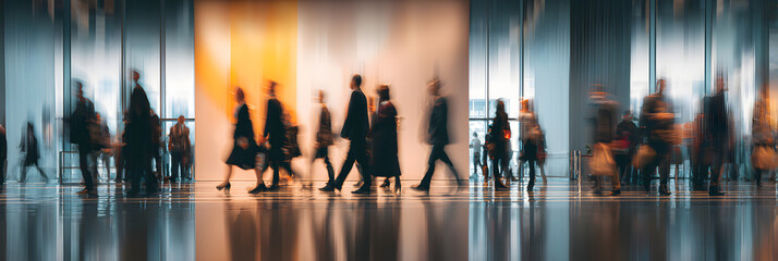 abstract business people walking in trade fair hall tradeshow exhibition conference businessman businesswoman gathering business center hall