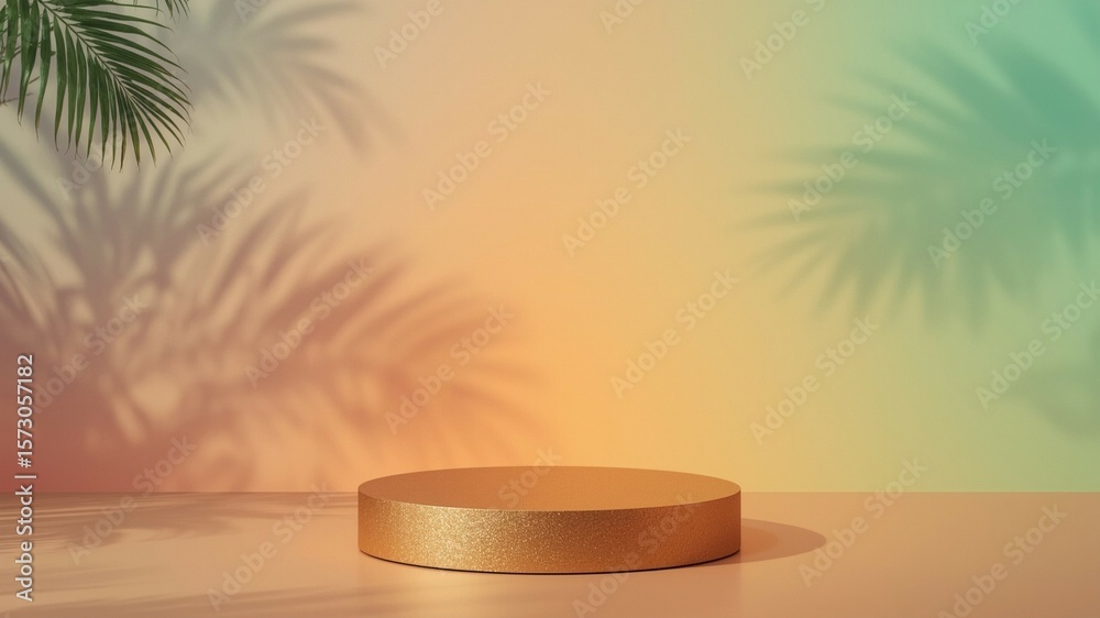 Fototapete Empty golden podium in a studio setting with a vibrant tropical gradient wall, palm leaf shadows cast subtly in the background.